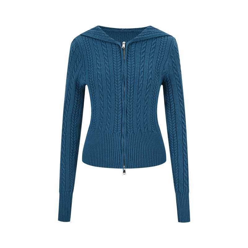 Hooded Plain Zip Cable Knit Cardigan