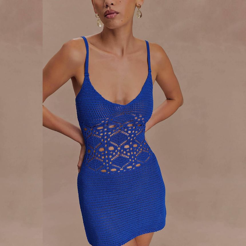 Spaghetti Strap Scoop Neck Crochet Knit Mini Bodycon Dress