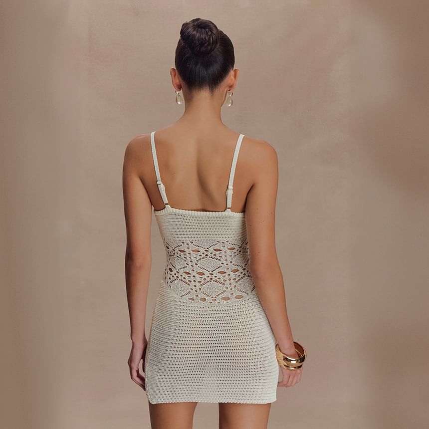 Spaghetti Strap Scoop Neck Crochet Knit Mini Bodycon Dress