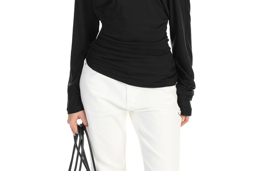 Off-Shoulder Lace-Trim T-Shirt with Long Sleeves