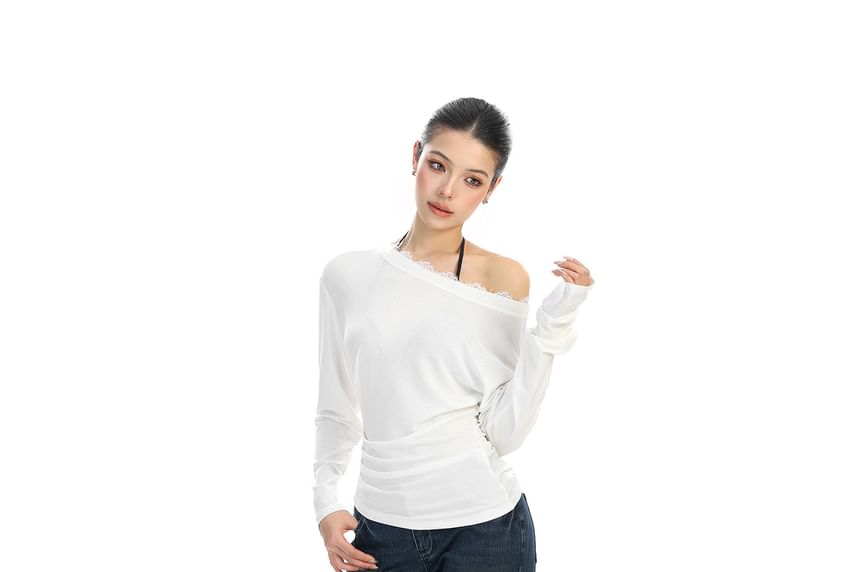 Off-Shoulder Lace-Trim T-Shirt with Long Sleeves