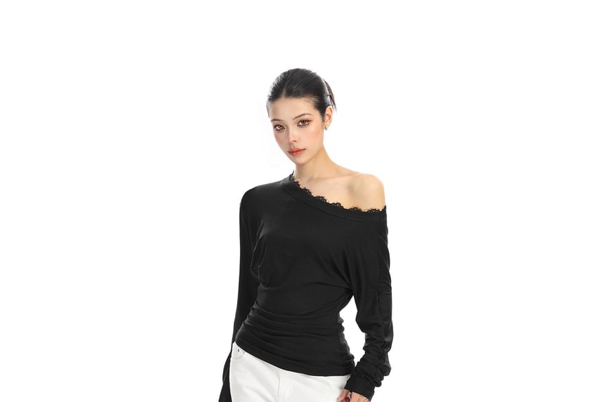 Off-Shoulder Lace-Trim T-Shirt with Long Sleeves