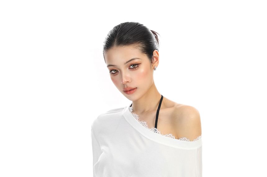 Off-Shoulder Lace-Trim T-Shirt with Long Sleeves