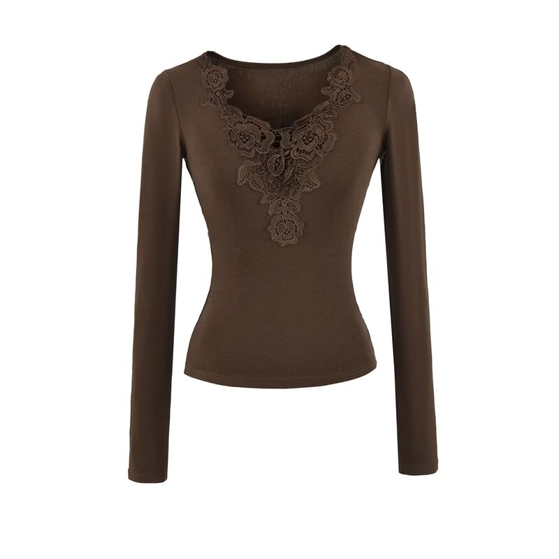 Lace Panel V-Neck Slim Fit T-Shirt with Long Sleeves