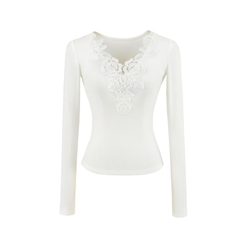 Lace Panel V-Neck Slim Fit T-Shirt with Long Sleeves