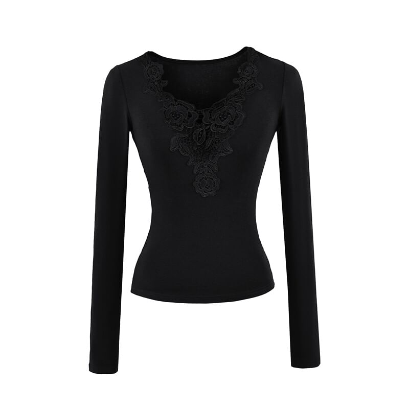 Lace Panel V-Neck Slim Fit T-Shirt with Long Sleeves