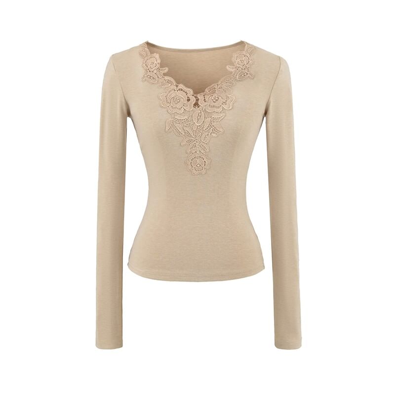 Lace Panel V-Neck Slim Fit T-Shirt with Long Sleeves