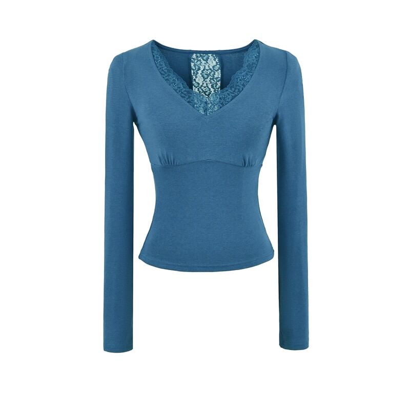 Lace Panel V-Neck Crop T-Shirt with Long Sleeves