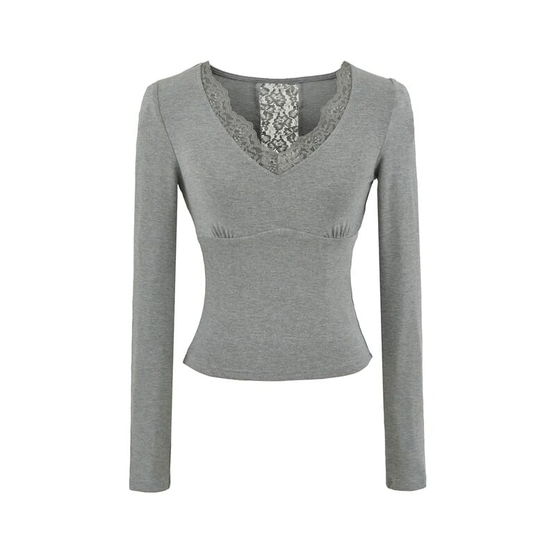Lace Panel V-Neck Crop T-Shirt with Long Sleeves