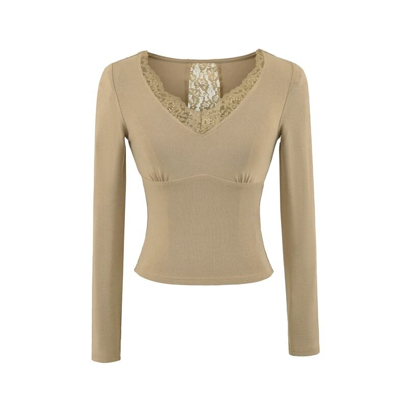 Lace Panel V-Neck Crop T-Shirt with Long Sleeves