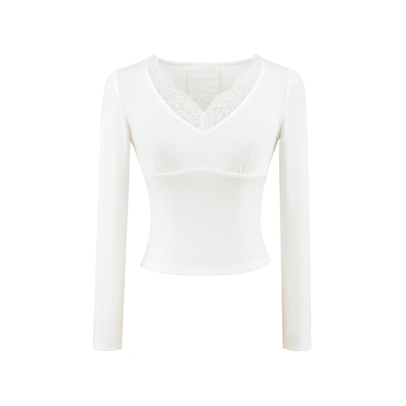 Lace Panel V-Neck Crop T-Shirt with Long Sleeves
