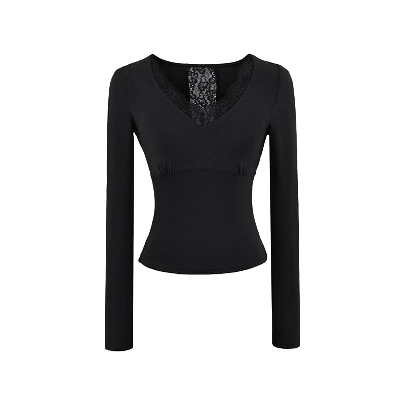 Lace Panel V-Neck Crop T-Shirt with Long Sleeves
