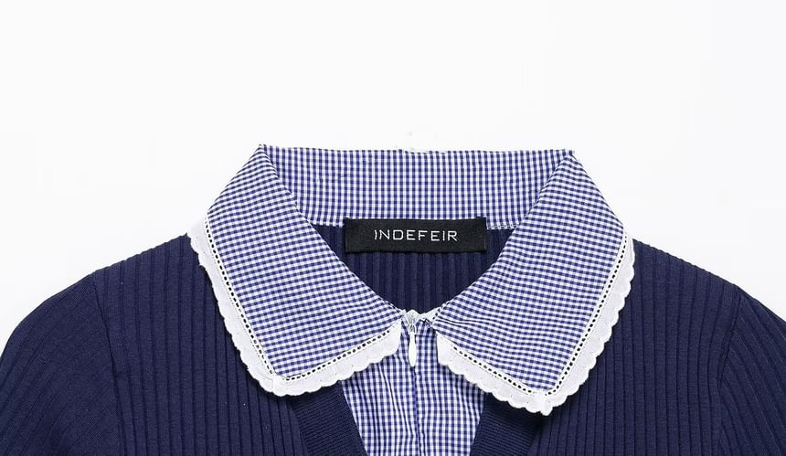 Mock Two-Piece Plaid Lace-Trim Knit Top with Panels