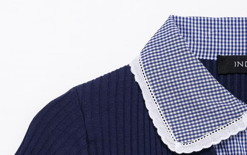 Mock Two-Piece Plaid Lace-Trim Knit Top with Panels