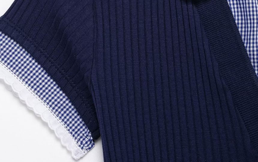 Mock Two-Piece Plaid Lace-Trim Knit Top with Panels