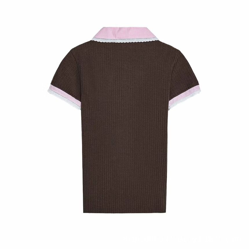 Mock Two-Piece Plaid Lace-Trim Knit Top with Panels