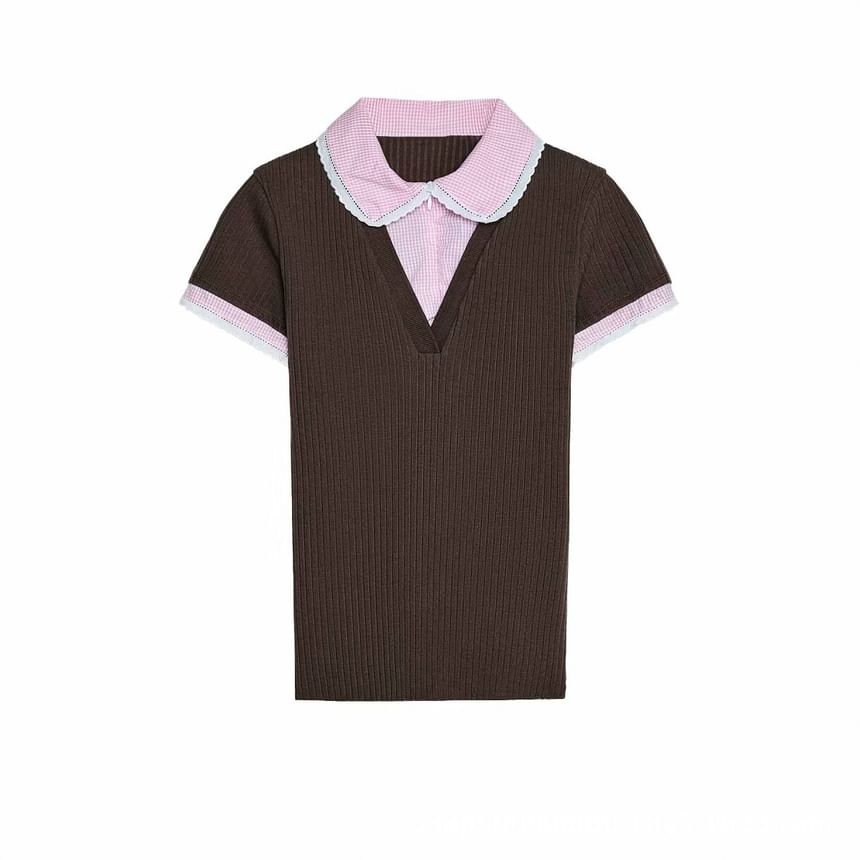 Mock Two-Piece Plaid Lace-Trim Knit Top with Panels