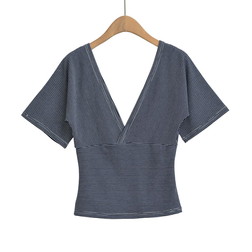 Slim-Fit Striped V-Neck Crop Tee with Short Sleeves