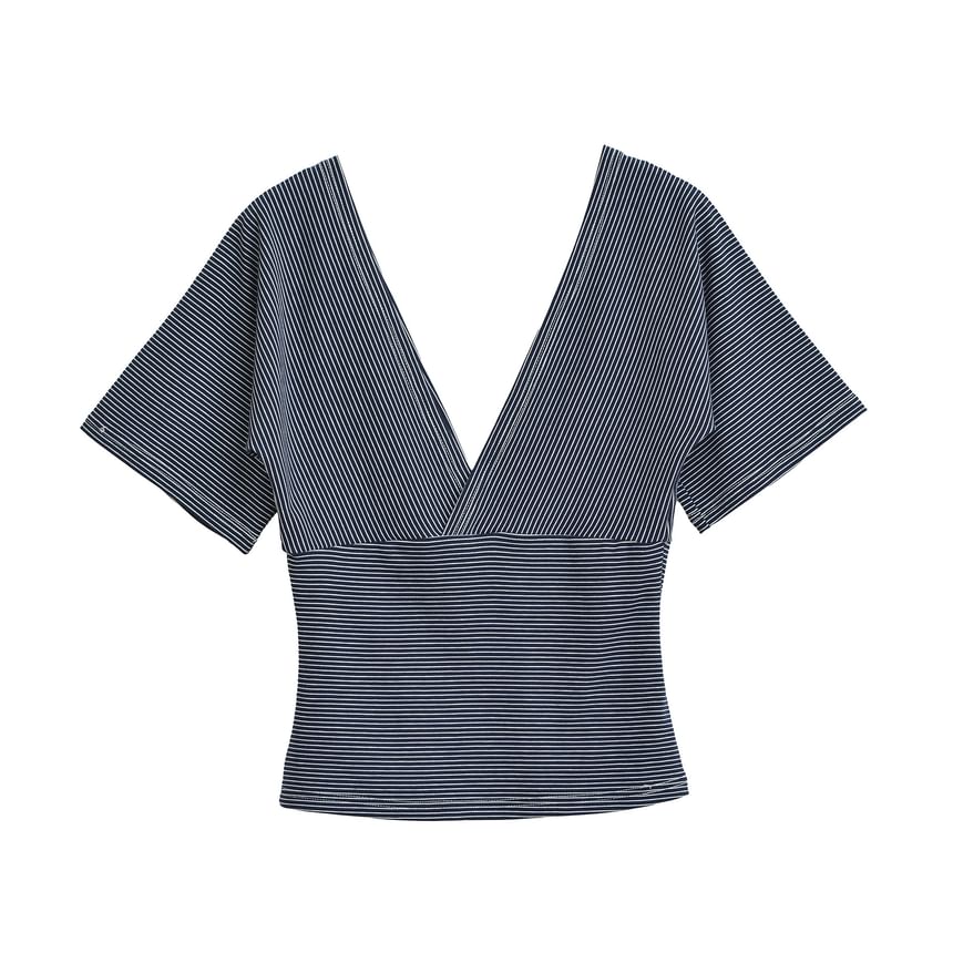 Slim-Fit Striped V-Neck Crop Tee with Short Sleeves