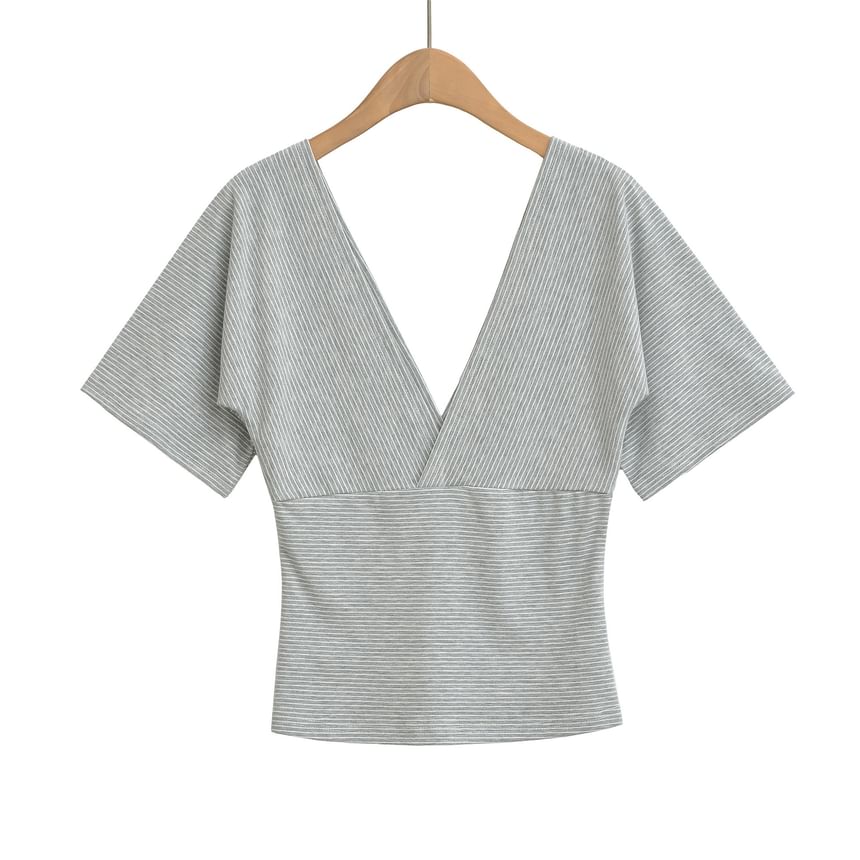 Slim-Fit Striped V-Neck Crop Tee with Short Sleeves