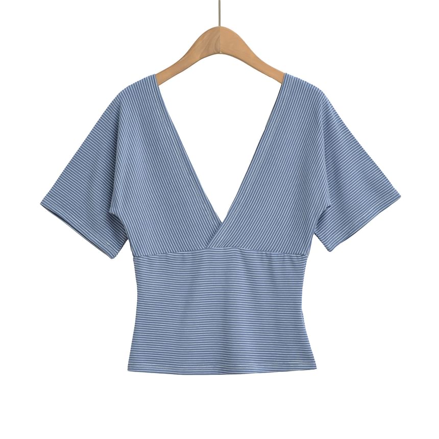 Slim-Fit Striped V-Neck Crop Tee with Short Sleeves