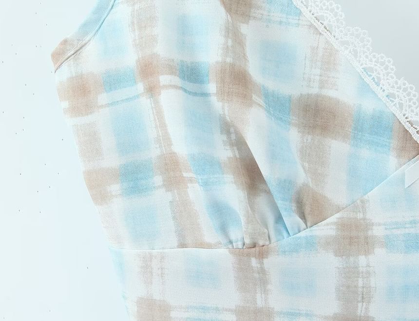 Plaid Lace-Trim Camisole and High-Waist Fishtail Mini Skirt Set