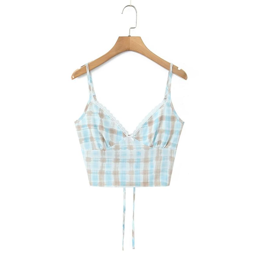 Plaid Lace-Trim Camisole and High-Waist Fishtail Mini Skirt Set