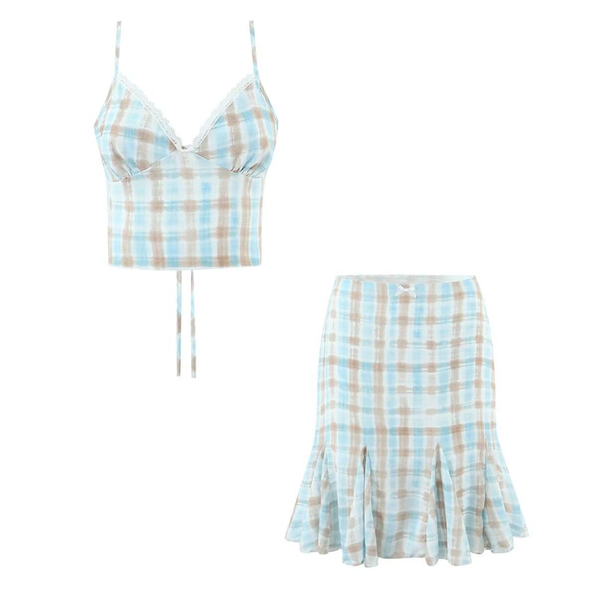 Plaid Lace-Trim Camisole and High-Waist Fishtail Mini Skirt Set