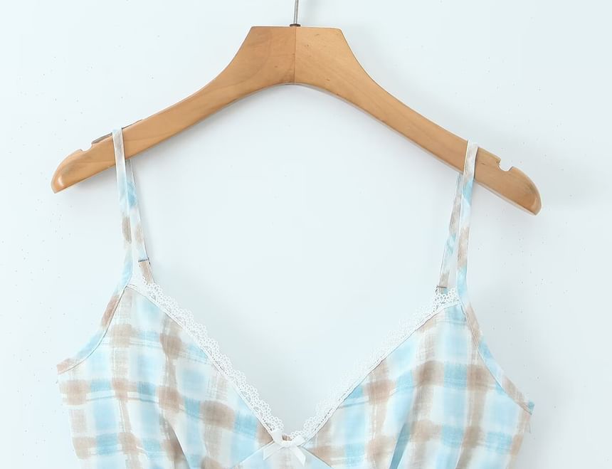 Plaid Lace-Trim Camisole and High-Waist Fishtail Mini Skirt Set