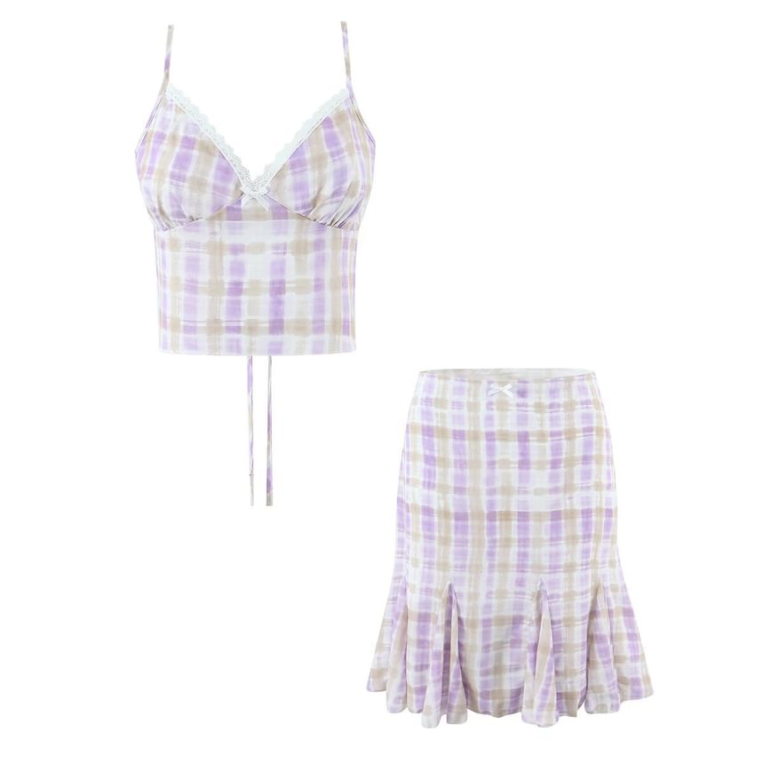 Plaid Lace-Trim Camisole and High-Waist Fishtail Mini Skirt Set