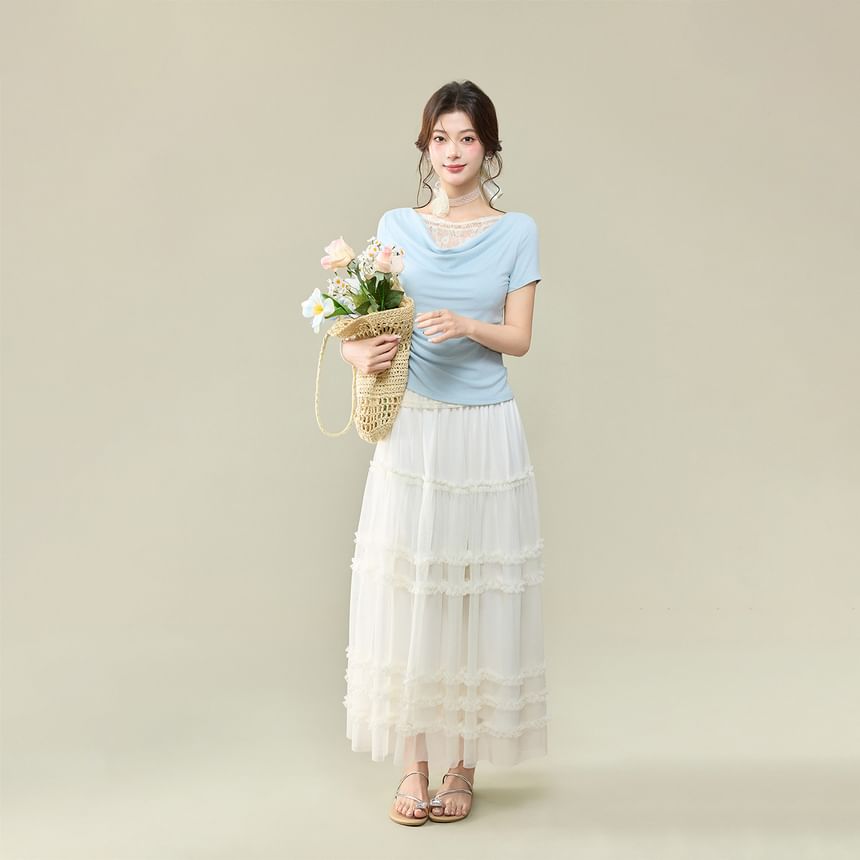 Short-Sleeved Cowl Neck Lace Panel Crop Top