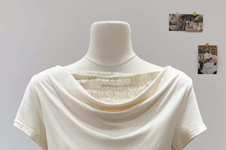 Short-Sleeved Cowl Neck Lace Panel Crop Top