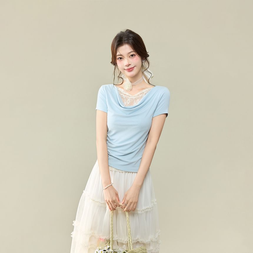 Short-Sleeved Cowl Neck Lace Panel Crop Top