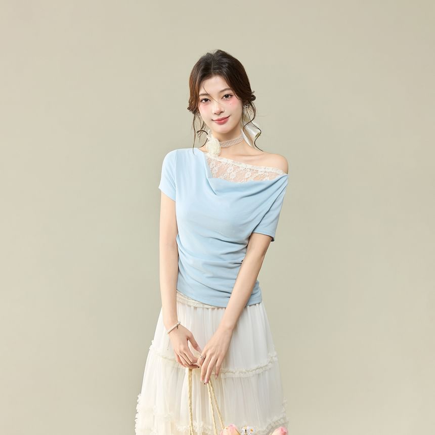 Short-Sleeved Cowl Neck Lace Panel Crop Top