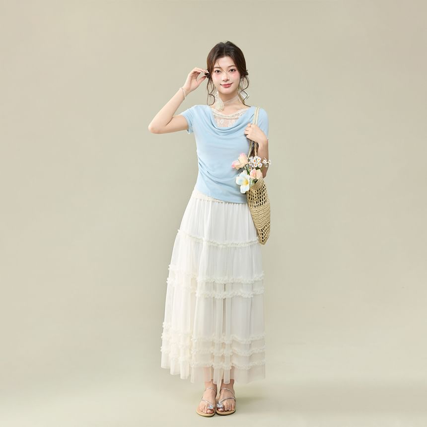 Short-Sleeved Cowl Neck Lace Panel Crop Top