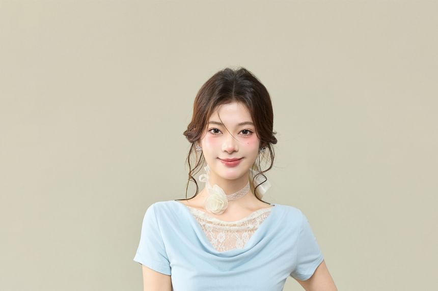 Short-Sleeved Cowl Neck Lace Panel Crop Top