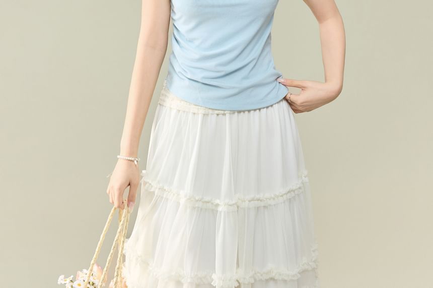 Short-Sleeved Cowl Neck Lace Panel Crop Top