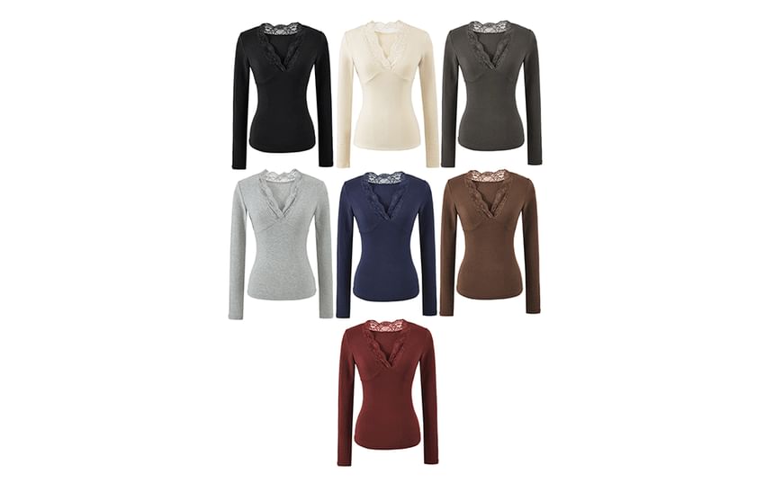 Long-Sleeved V-Neck Lace Trim Tee