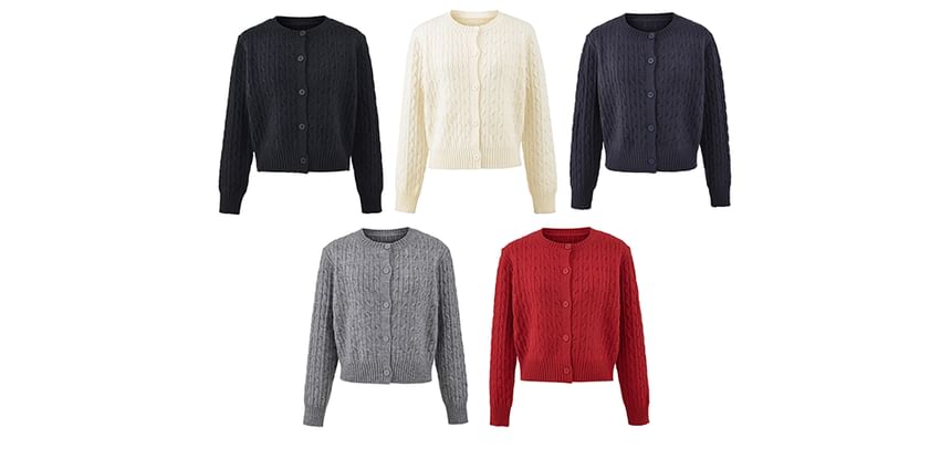 Round Neck Plain Button Up Cable Knit Cardigan