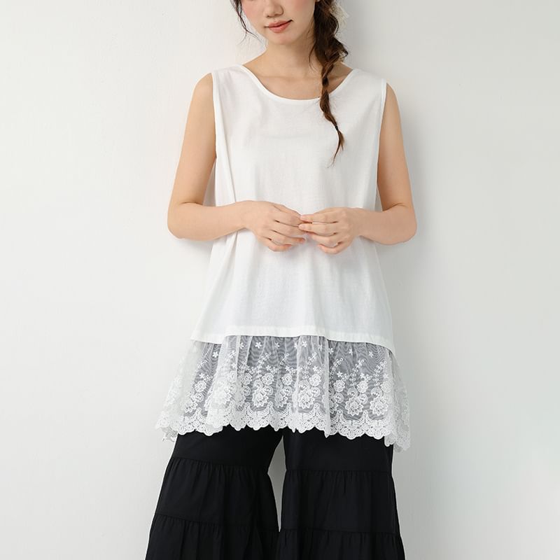 Crewneck Lace Panel Sleeveless Top