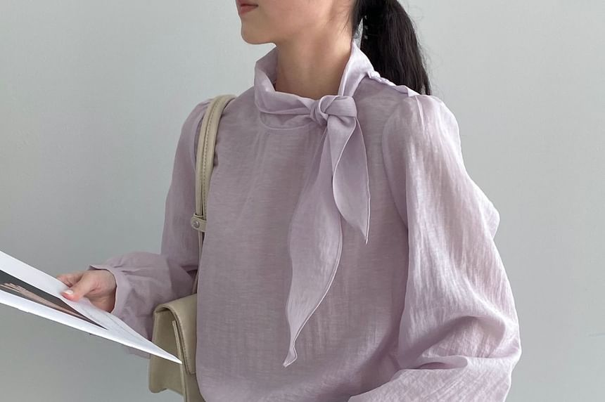 Tie Neck Long Sleeve Solid Blouse