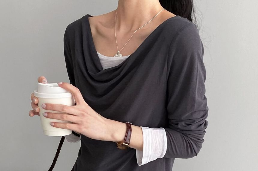 Mock Two-Piece Cowl Neck Long Sleeve Top
