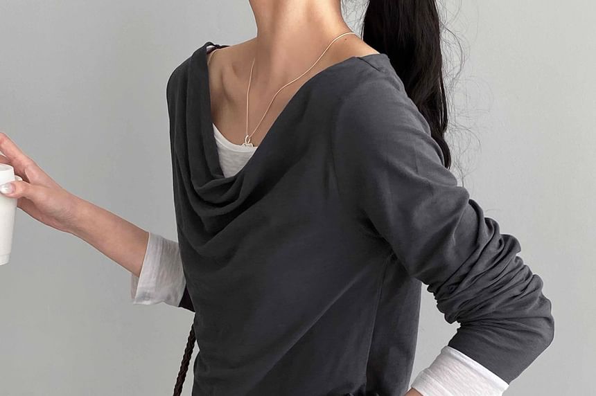 Mock Two-Piece Cowl Neck Long Sleeve Top