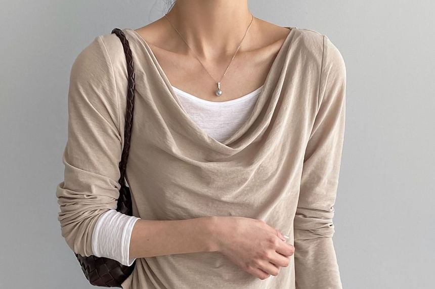 Mock Two-Piece Cowl Neck Long Sleeve Top
