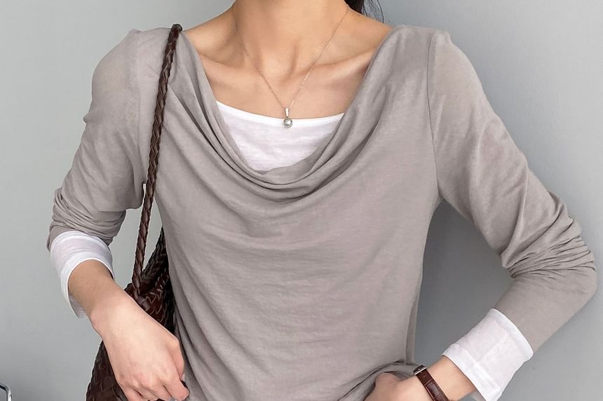 Mock Two-Piece Cowl Neck Long Sleeve Top