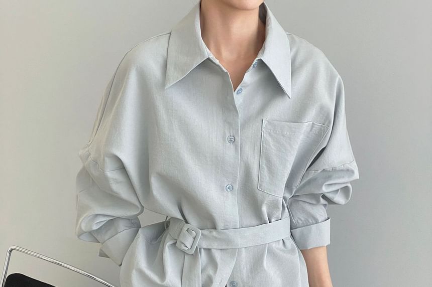 Belted Collared Long Sleeve Solid Shirt