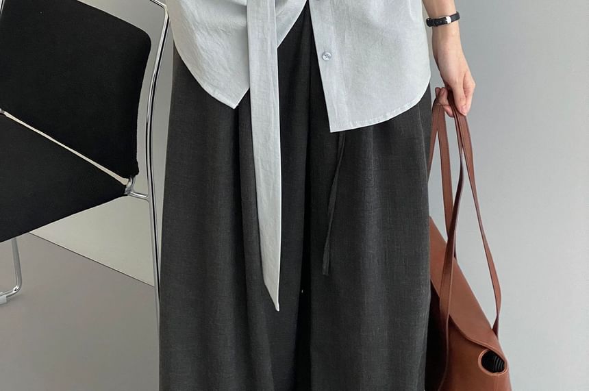 Belted Collared Long Sleeve Solid Shirt