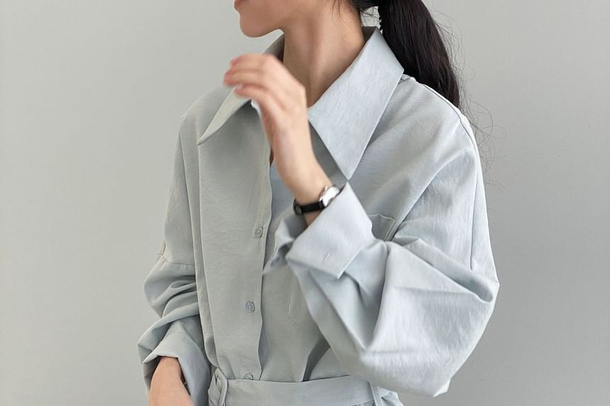Belted Collared Long Sleeve Solid Shirt