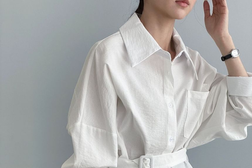 Belted Collared Long Sleeve Solid Shirt