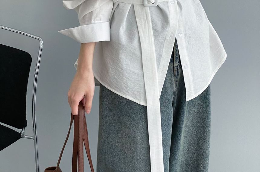 Belted Collared Long Sleeve Solid Shirt